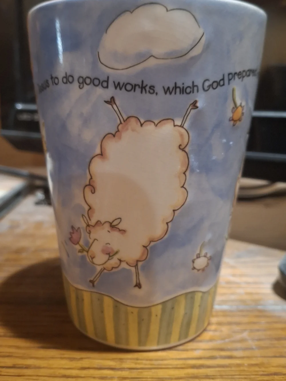 Whimsical Sheep Ceramic Mug in Light Blue and Cream With Scripture